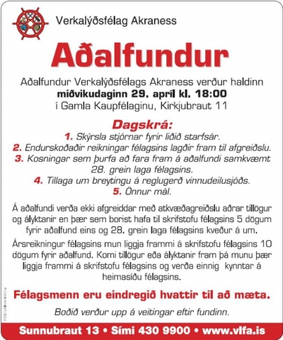 F&eacute;lagsmenn, muni&eth; a&eth;alfundinn &iacute; kv&ouml;ld!
