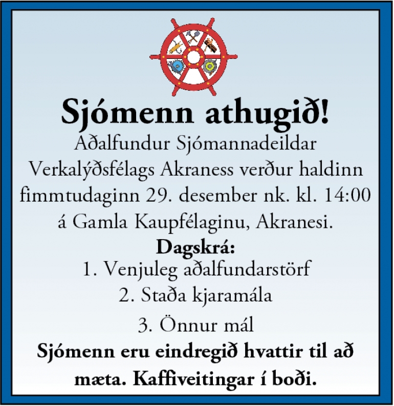 Aðalfundur sjómannadeildar VLFA á morgun kl. 14