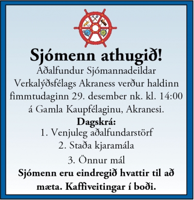 Aðalfundur sjómannadeildar VLFA á morgun kl. 14