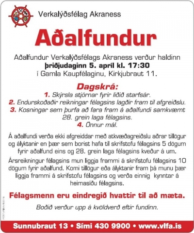 Félagsmenn munið aðalfundinn í kvöld kl. 17:30!